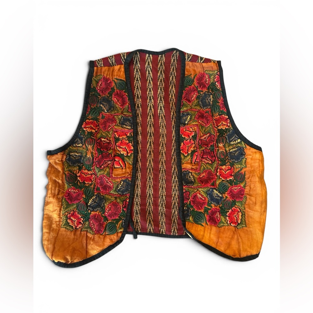 Vintage Embroidered Floral Silk Vest in Gold, Red, Green
